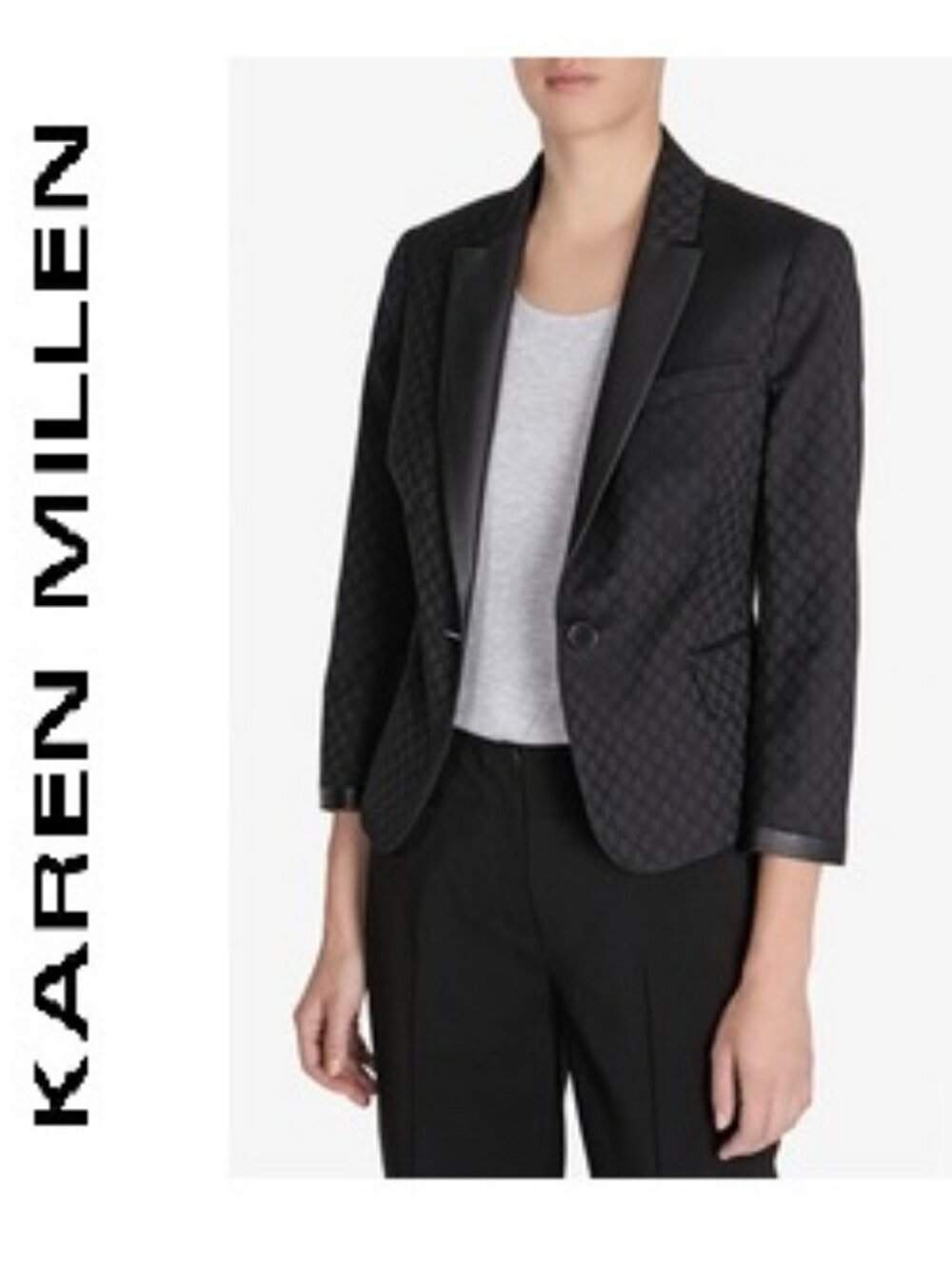 $265 Karen Millen Tailored Blazer Jacket Black Crop Faux Leather Trim 3/4 Sleeve